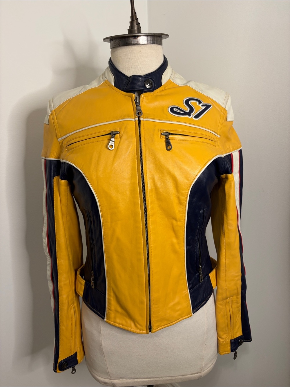 SUOMY Jackets Vintage Yellow & Blue Leather Motorcycle Racing Jacket SIZE MEDIUM